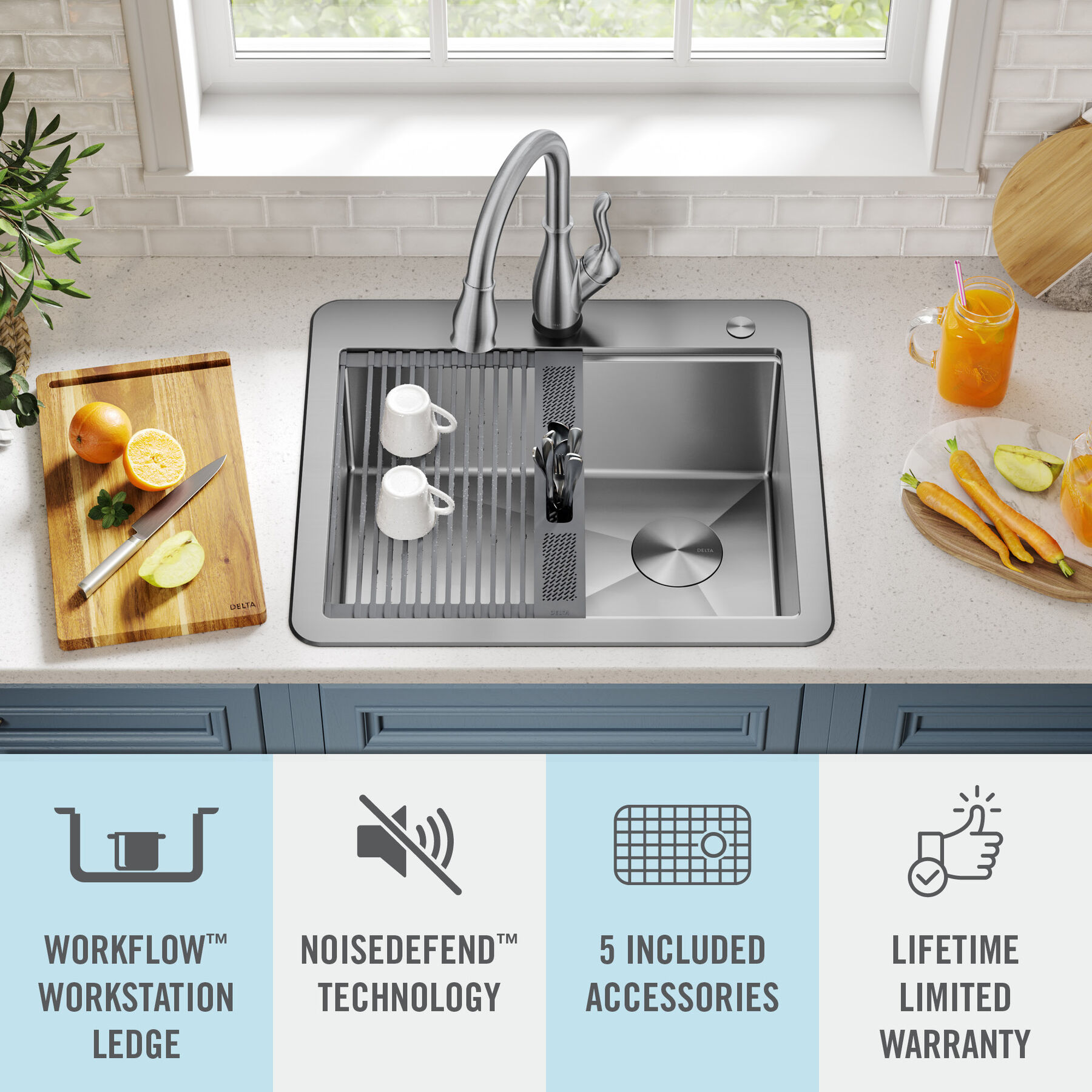 25” Workstation Kitchen Sink Drop-In Top Mount Stainless Steel Single Bowl with WorkFlow™ Ledge and Accessories, image 15